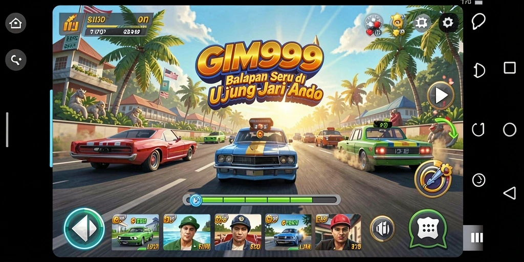 Tampilan gameplay GIM999 dengan aksi balapan yang seru.