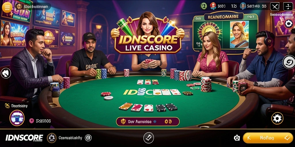 Screenshot gameplay IDNSCORE menampilkan dealer profesional dan suasana kasino yang nyata.